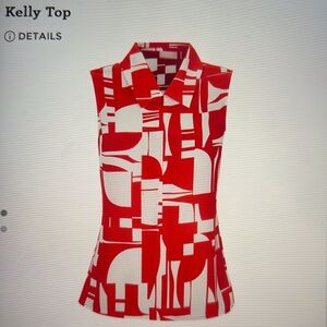 CAbi Geometric Red and White Blouse